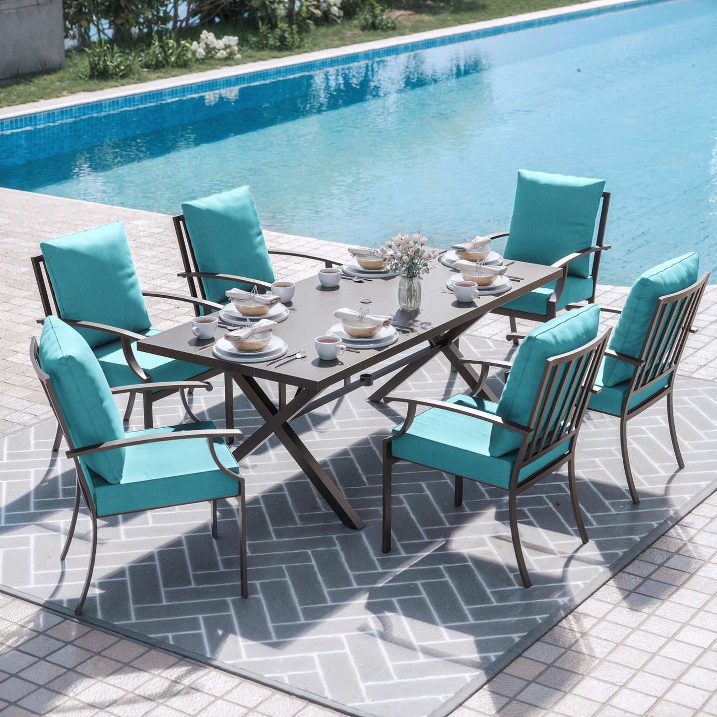 7-Piece Patio Dining Set | Rectangular Table with Umbrella Hole