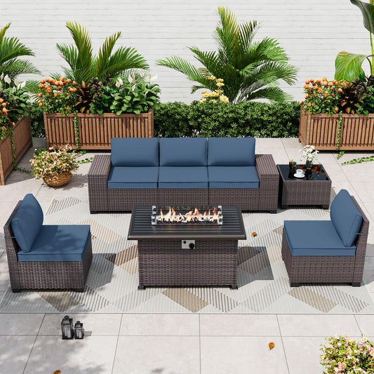 ALAULM 7-Piece Patio Conversation Set with Propane Fire Pit Table, Sand