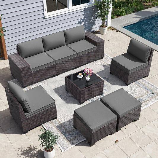 Gotland 8PCS Outdoor Patio Furniture Set, Outdoor Sectional Furniture All Weather PE Rattan Wicker Patio Conversation Set with 2 Ottomans and Coffee Table