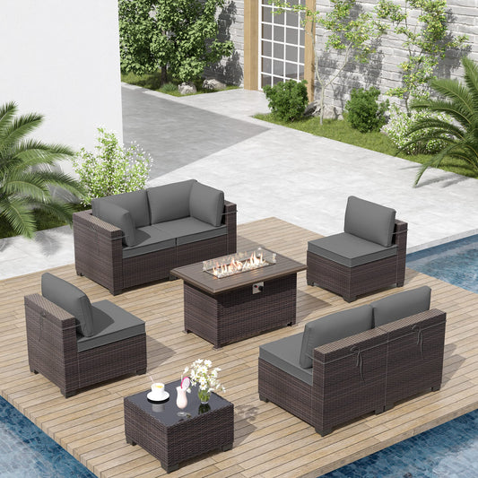 ALAULM 8-Piece Outdoor Patio Furniture Set with 55,000 BTU Propane Fire Pit Table – All-Weather Wicker Sectional with Cushions