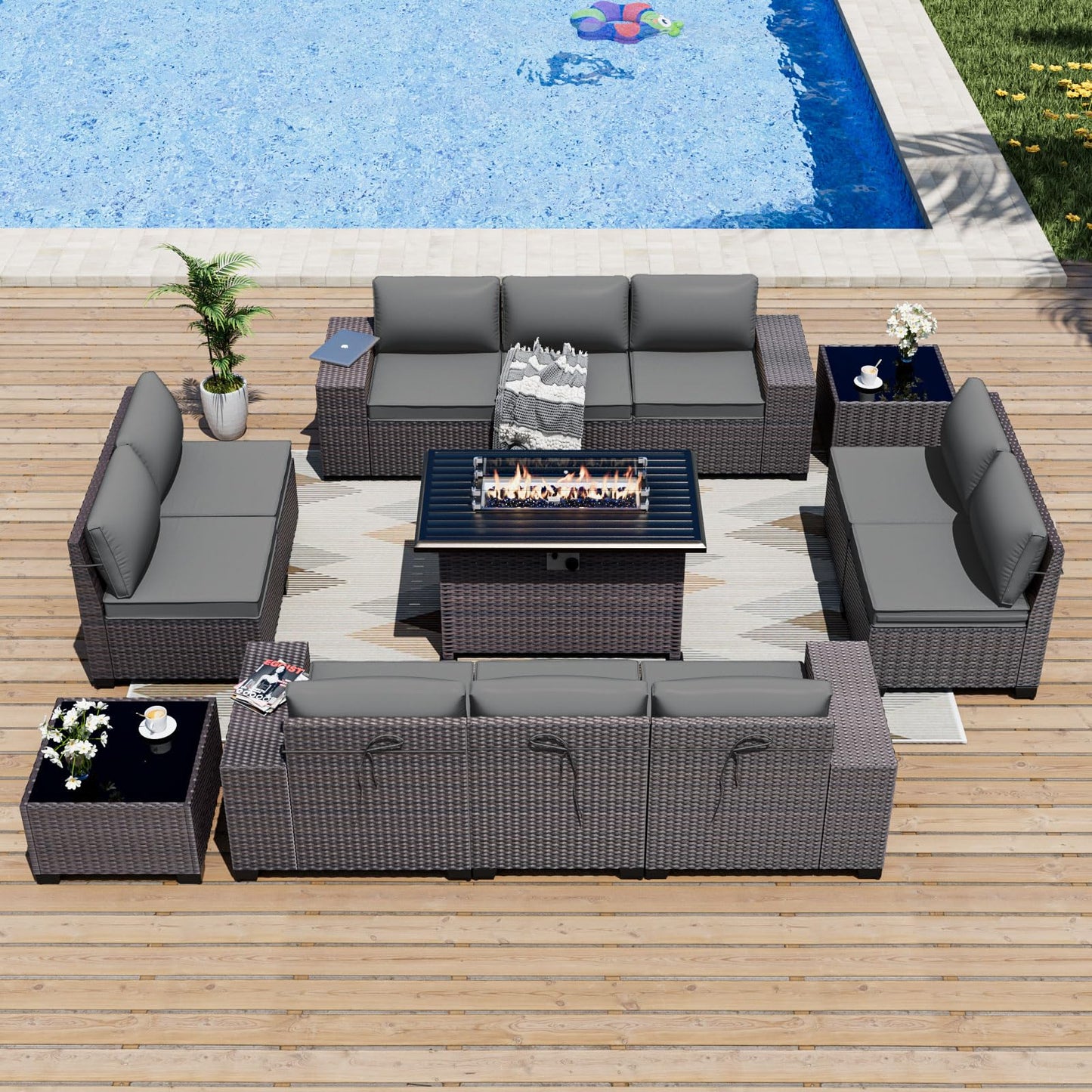 ALAULM 13-Piece Patio Furniture Set – Outdoor Sectional Sofas with Propane Fire Pit Table