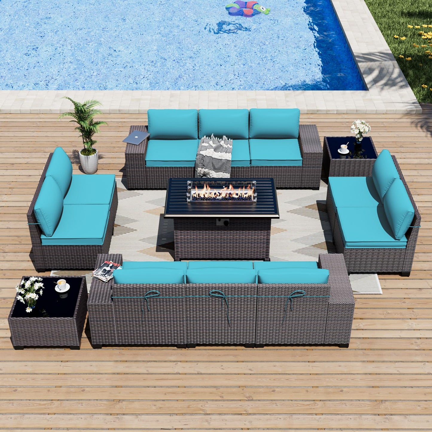ALAULM 13-Piece Patio Furniture Set – Outdoor Sectional Sofas with Propane Fire Pit Table