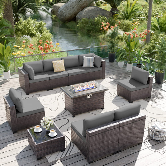 ALAULM 10-Piece Outdoor Patio Furniture Set – Sectional Sofa with CSA-Certified Fire Pit Table