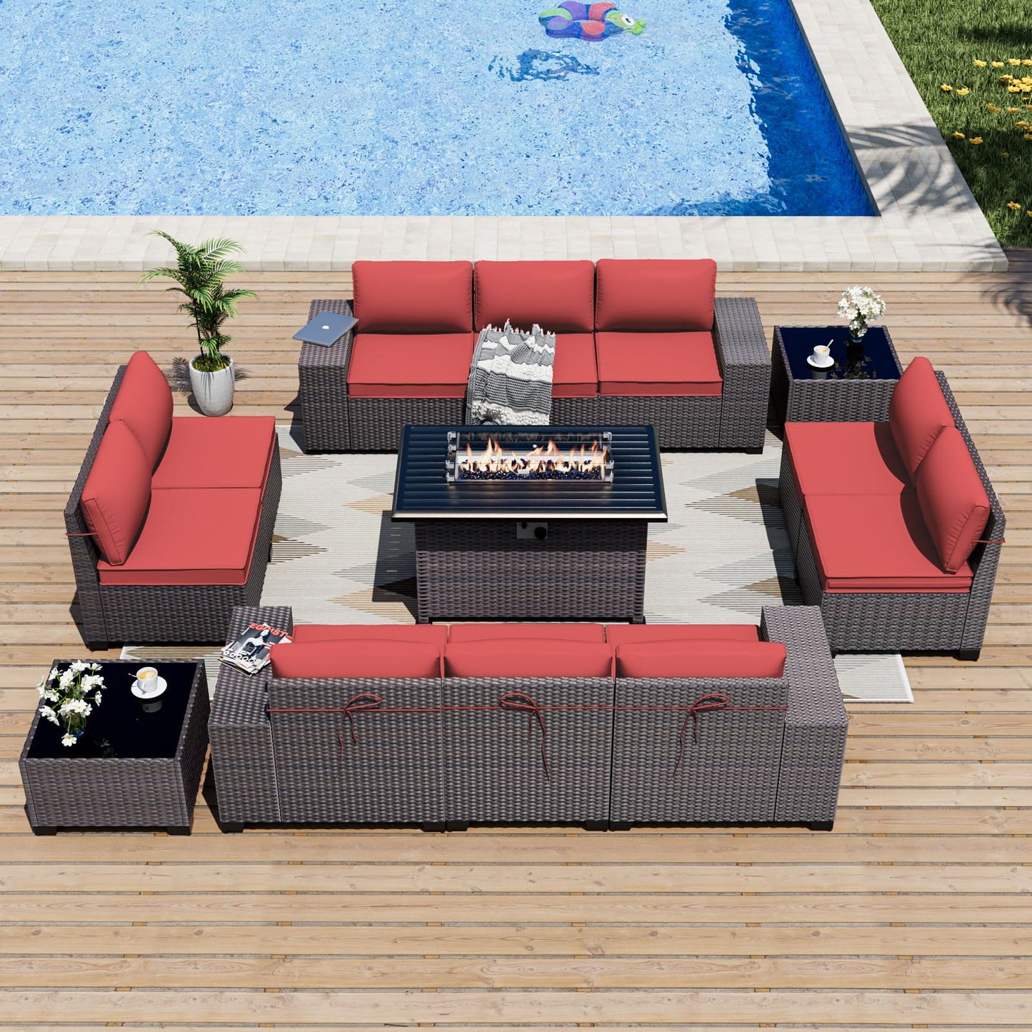 ALAULM 13-Piece Patio Furniture Set – Outdoor Sectional Sofas with Propane Fire Pit Table