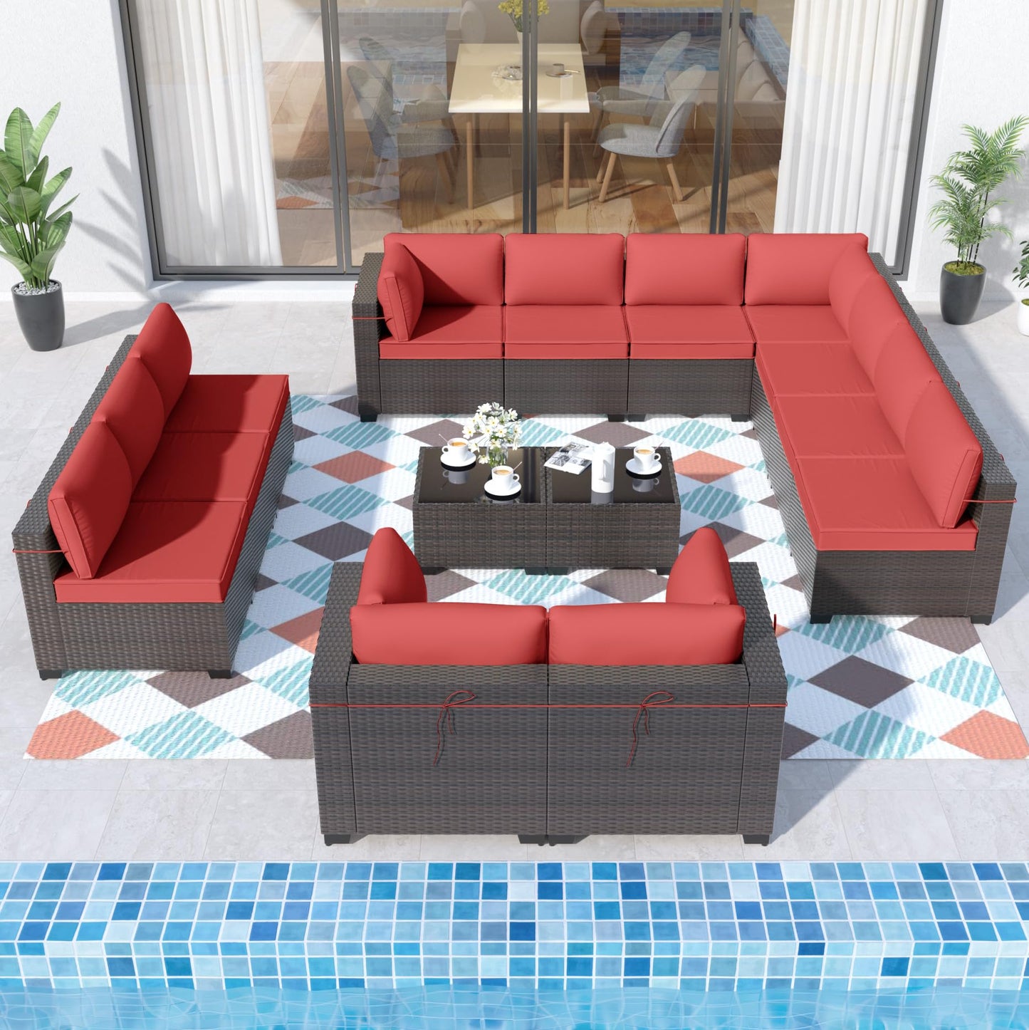 ALAULM 14-Piece Outdoor Patio Sectional Sofa Set with Coffee Tables & Cushions – Brown PE Rattan