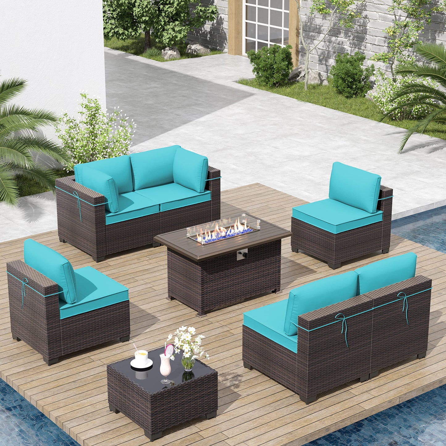 ALAULM 8-Piece Outdoor Patio Furniture Set with 55,000 BTU Propane Fire Pit Table – All-Weather Wicker Sectional with Cushions