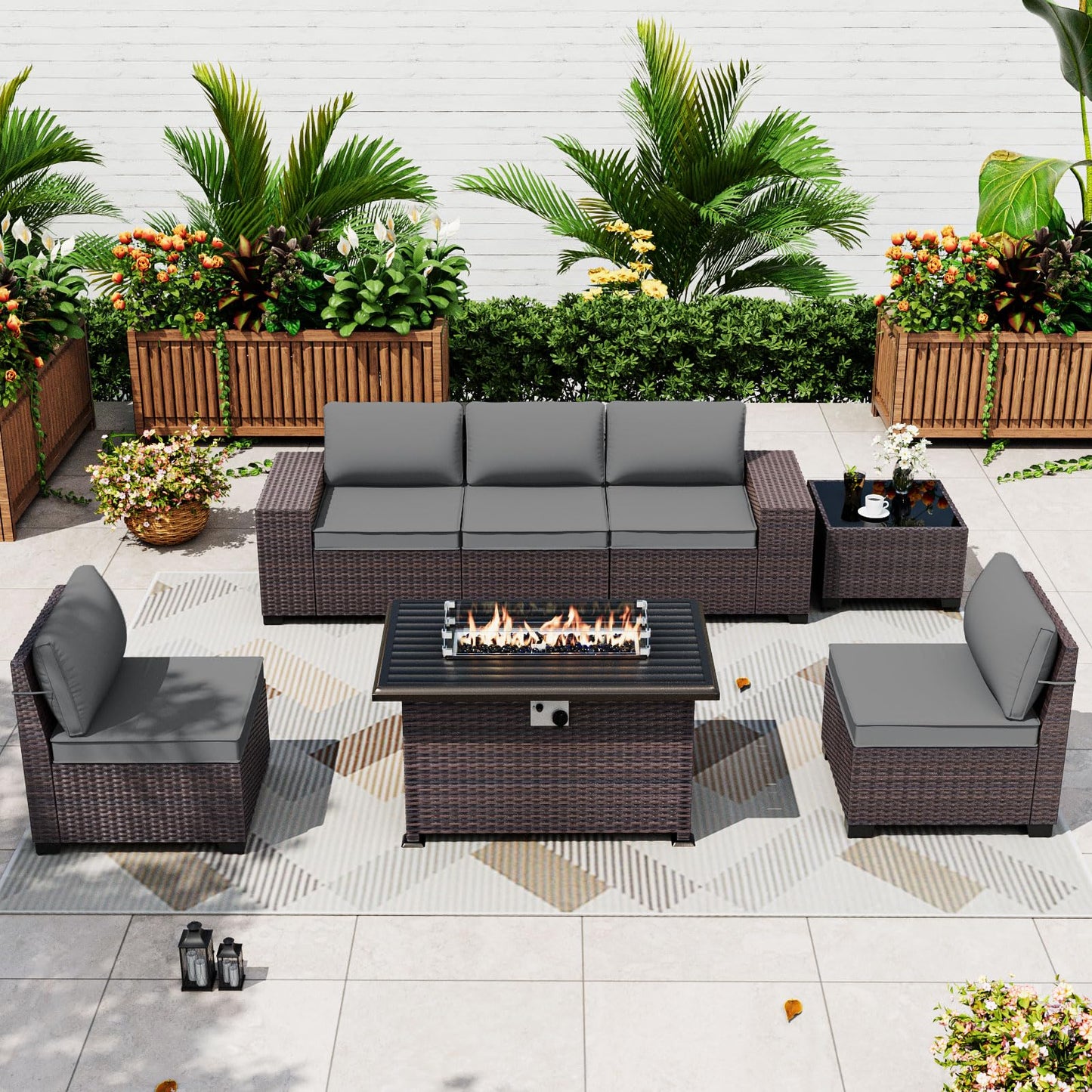 ALAULM 7-Piece Patio Conversation Set with Propane Fire Pit Table, Sand