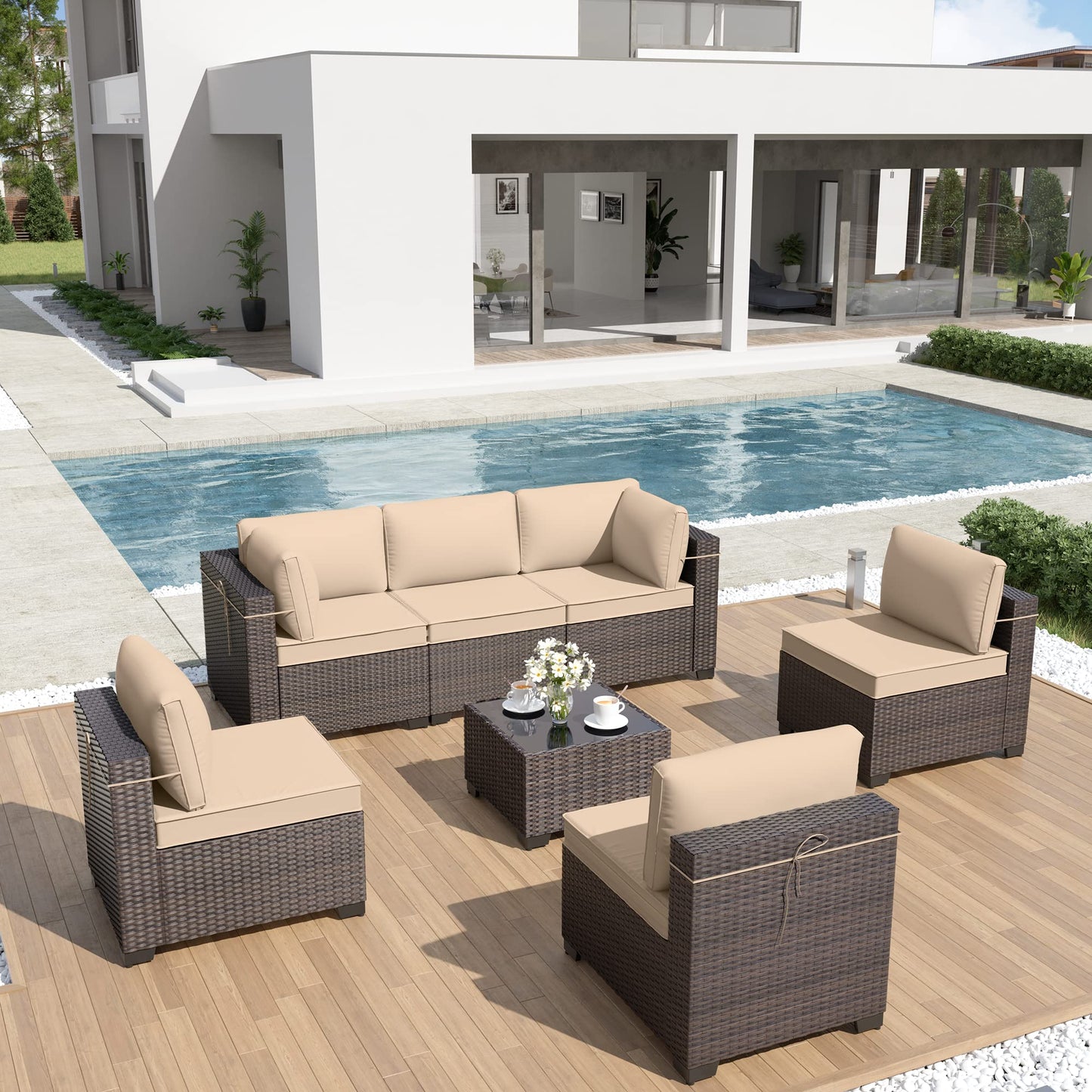 ALAULM 7-Piece Outdoor Patio Furniture Set – All-Weather Wicker Sectional with Coffee Table