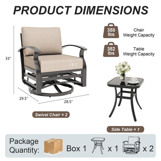 ALAULM 3 Piece Patio Set, Metal Outdoor Swivel Chairs Set of 2 with 5.1’’ High-Resilience Seat Cushions Tempered Glass Coffee Table Removable Cushions for Backyard, Lawn, Porch, Khaki