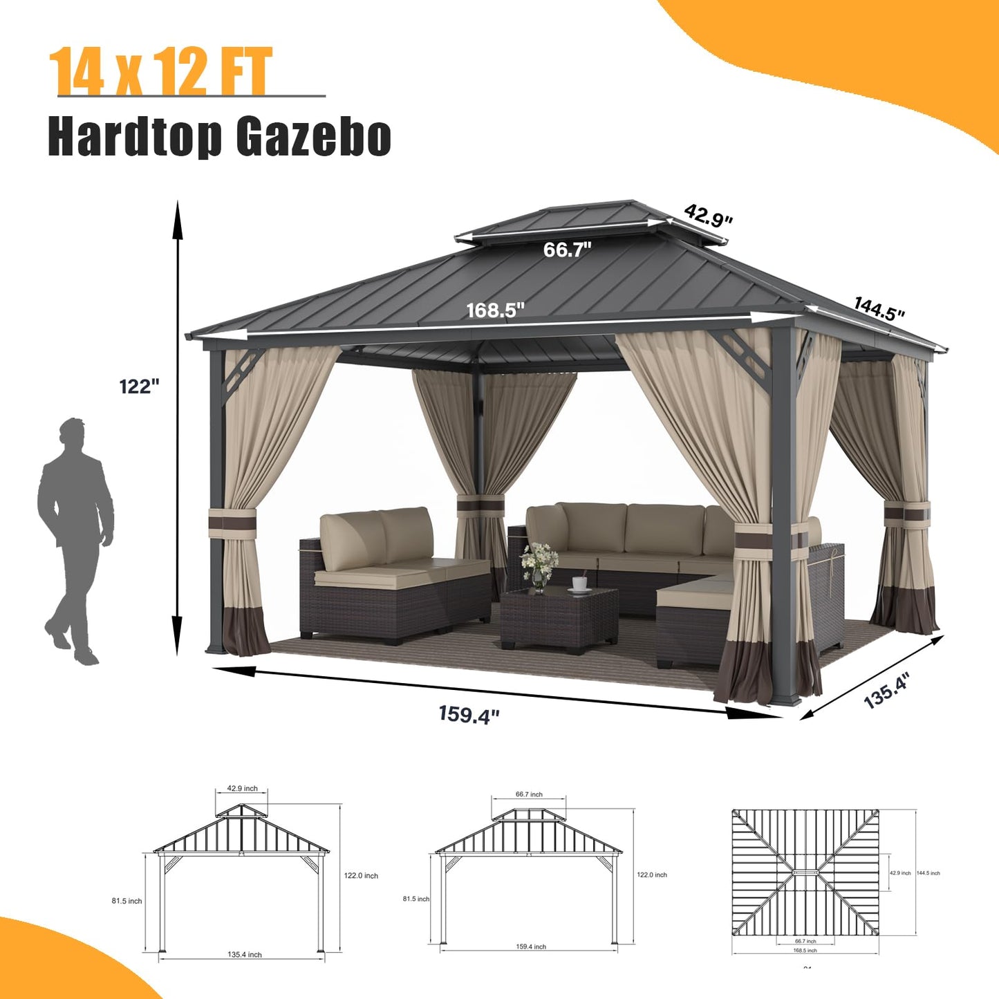 12x14 Hardtop Gazebo | Double Roof, Mesh & Privacy Curtains