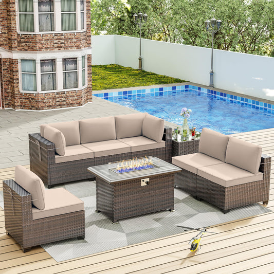 8-Piece Patio Wicker Furniture set with Firepit Table, Outdoor Conversation Sofa