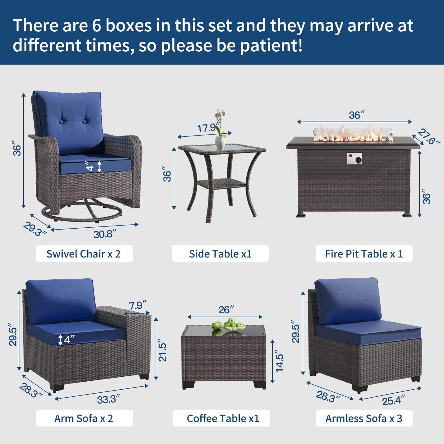 Gotland Outdoor Patio PE Rattan Wicker Furniture Set with 43" Propane Fire Pit Table 10 Pieces Steel