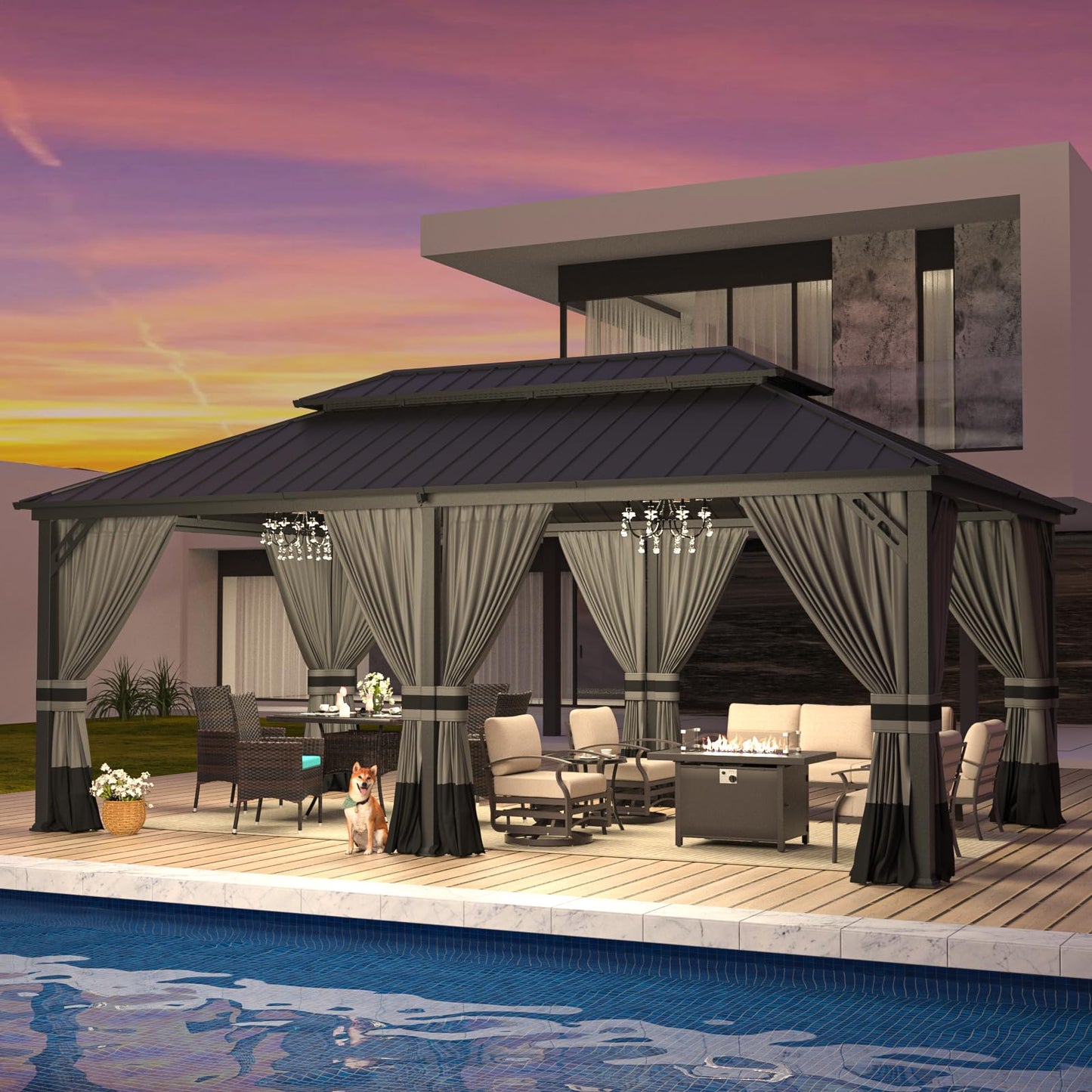 12x20 Hardtop Gazebo | Double Roof, Privacy Curtains, Mesh