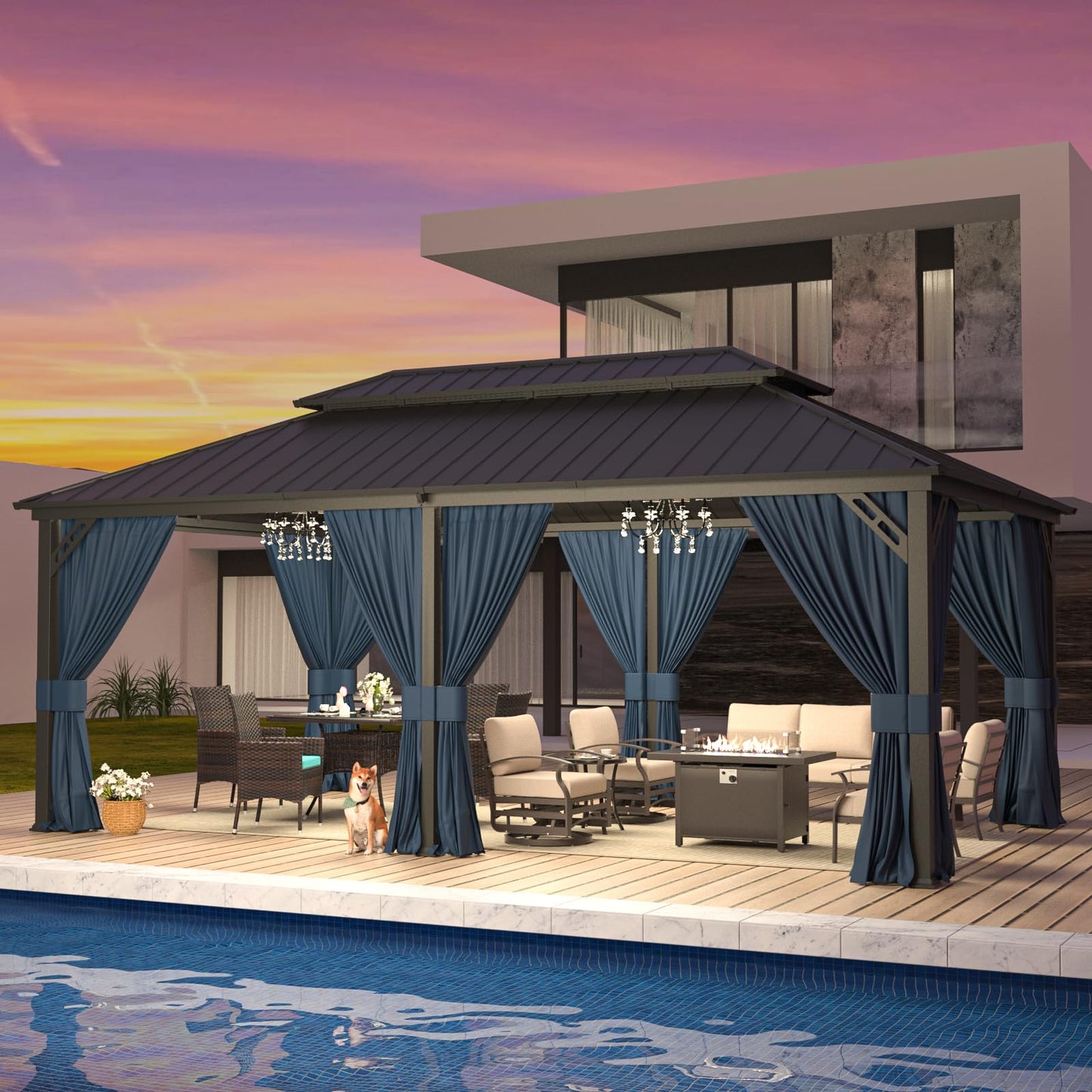 12x20 Hardtop Gazebo | Double Roof, Privacy Curtains, Mesh