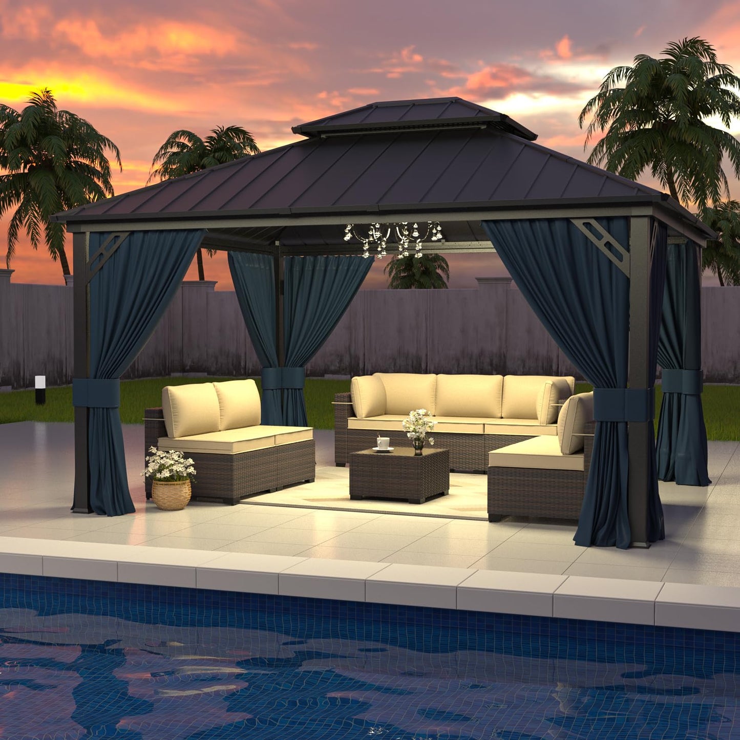 12x14 Hardtop Gazebo | Double Roof, Mesh & Privacy Curtains