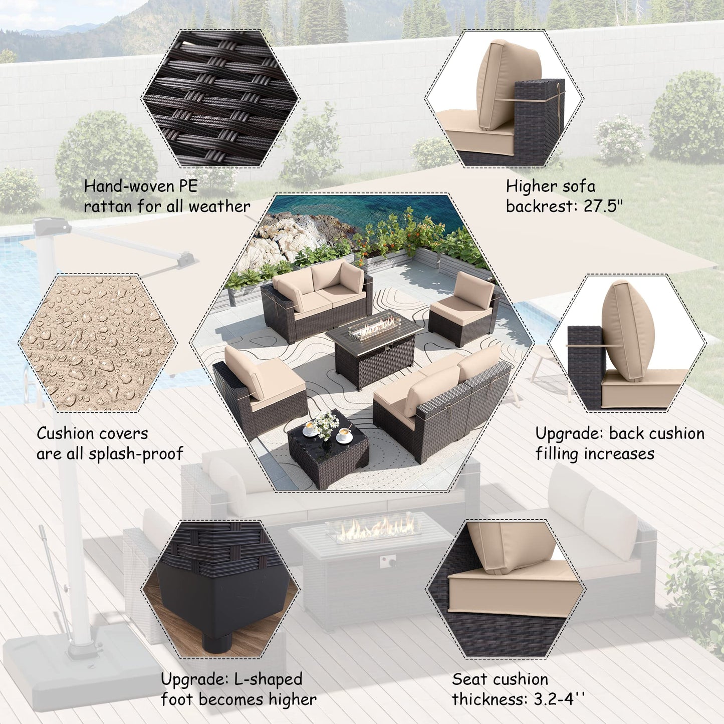8-Piece Patio Wicker Furniture set with Firepit Table, Outdoor Conversation Sofa