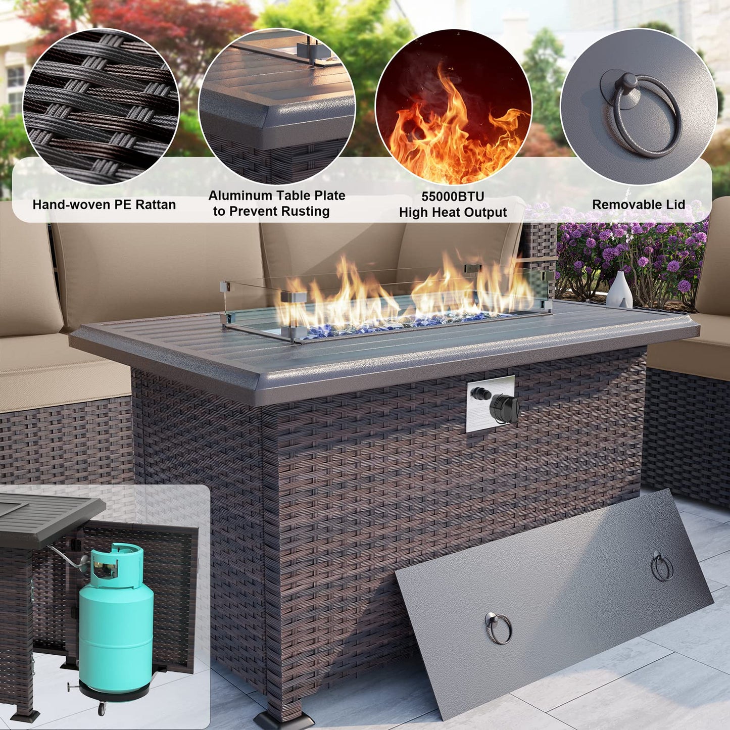 8-Piece Patio Wicker Furniture set with Firepit Table, Outdoor Conversation Sofa