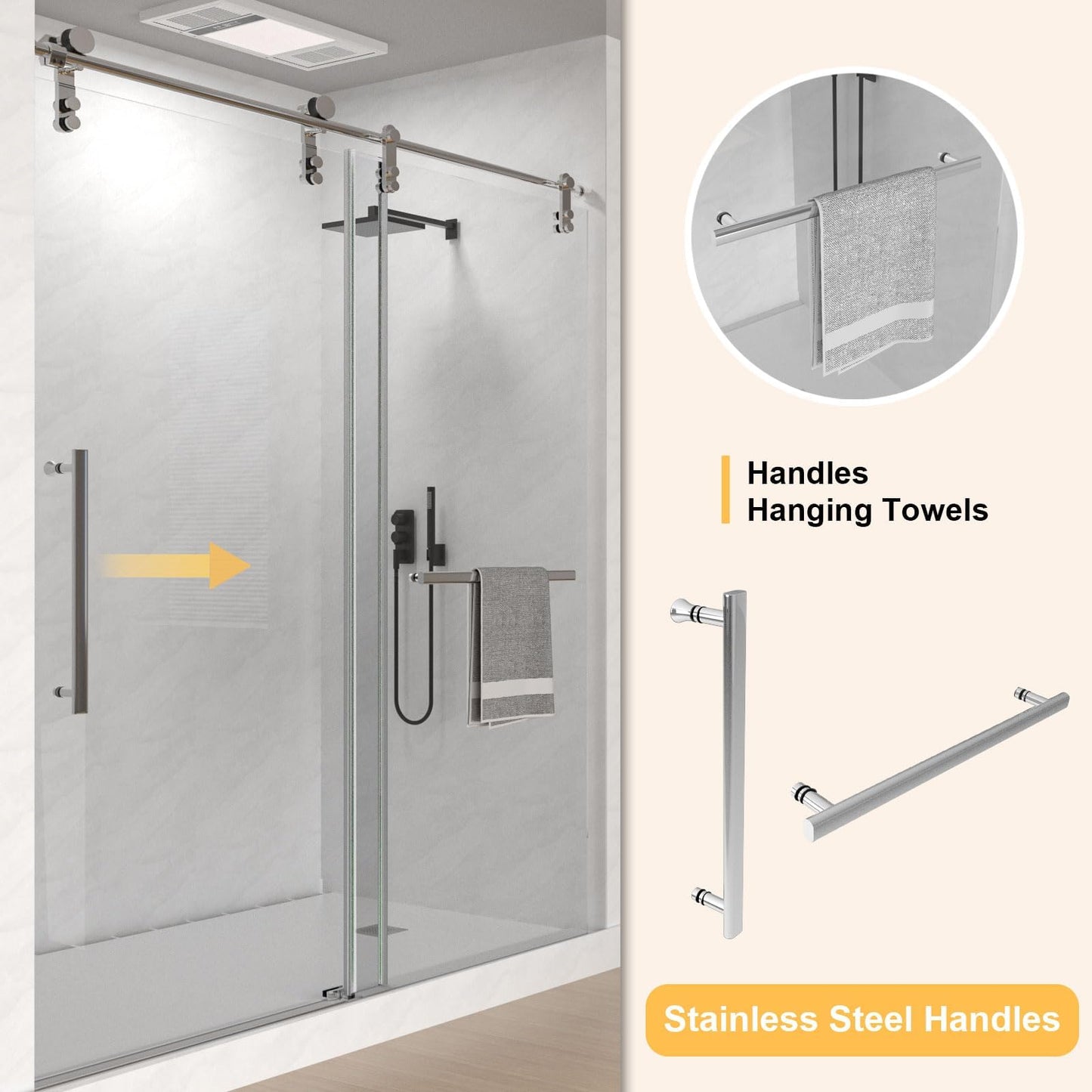 Gotland 56-60" W x 75" H Frameless Shower Door, Sliding Shower Door with 5/16" (8mm) Clear SGCC Tempered Glass Stainless Steel Hardware Waterproof Seal Explosion-Proof Film, Glass Shower Door