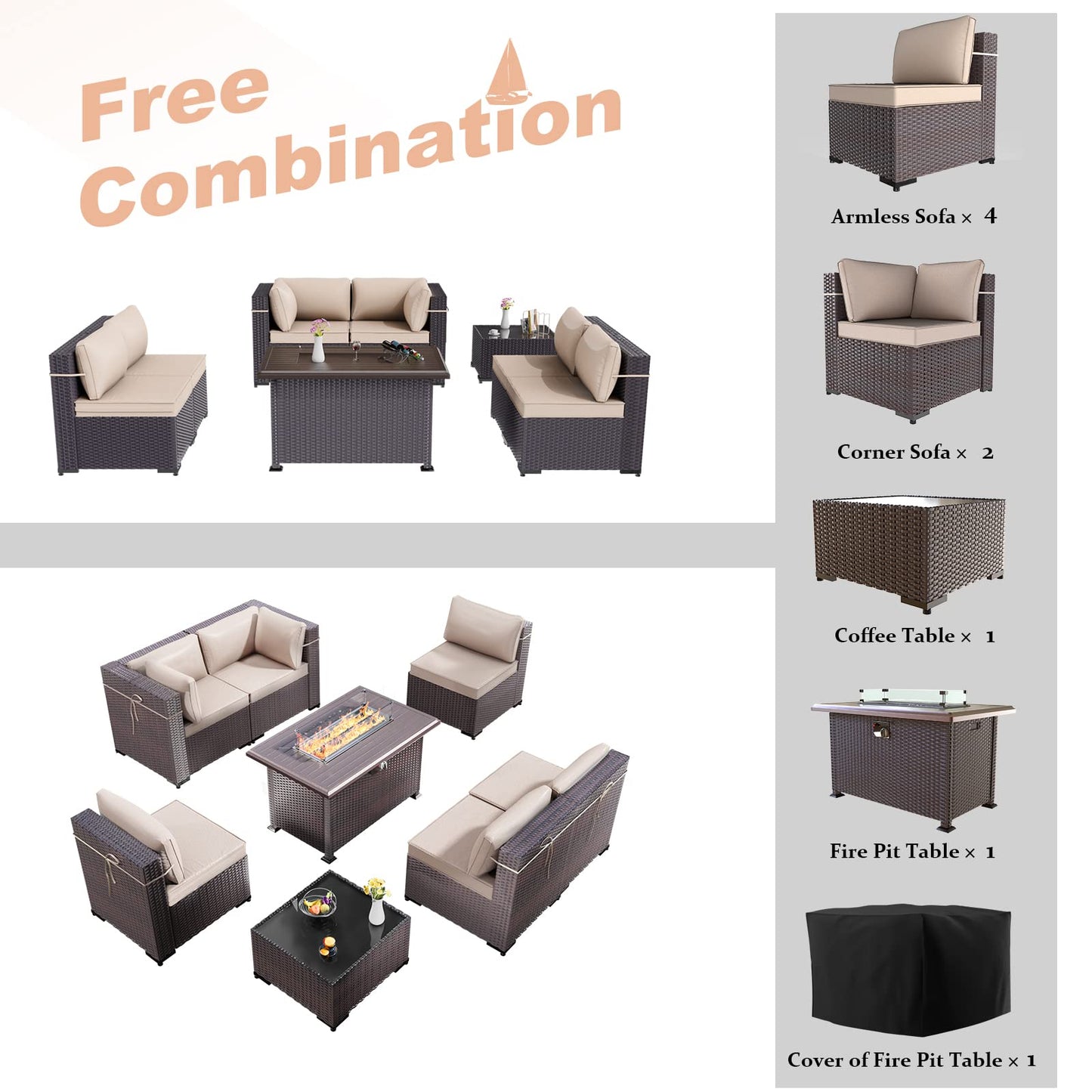 8-Piece Patio Wicker Furniture set with Firepit Table, Outdoor Conversation Sofa