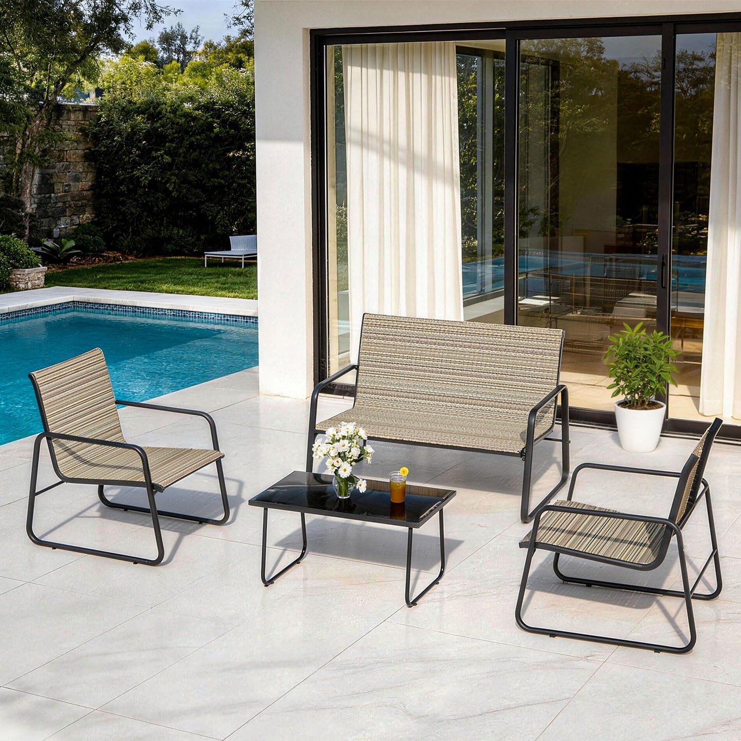 ALAULM 4 Pieces Outdoor Furniture Set All Weather Textile Fabric Patio Conversation Set w/Coffee Table, Loveseat, 2 Single Chairs for Patio, Yard, Garden, Lawn(Brown)
