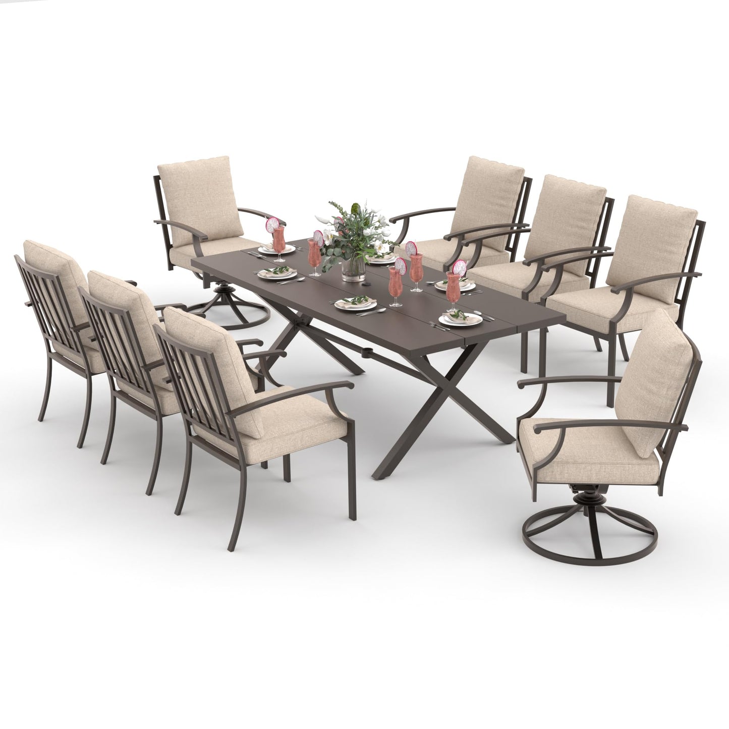9-Piece Patio Dining Set | Swivel Chairs & Metal Table with Umbrella Hole