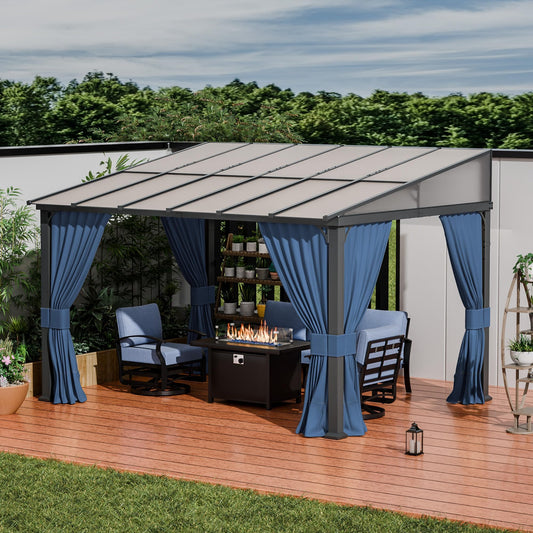 ALAULM 10'x 12' Outdoor Hardtop Gazebo,Wall Mounted Lean to Gazebo with Curtains and Netting,Galvanized Metal Frame,Sunshade for Patio, Backyard, Deck and Lawns (Dark Blue)