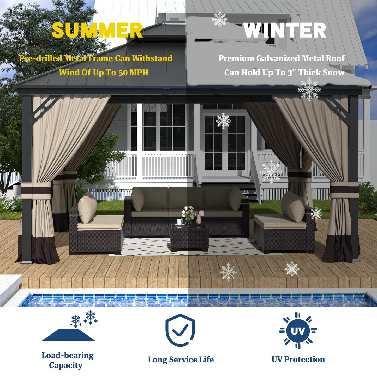 12x14 Hardtop Gazebo | Double Roof, Mesh & Privacy Curtains