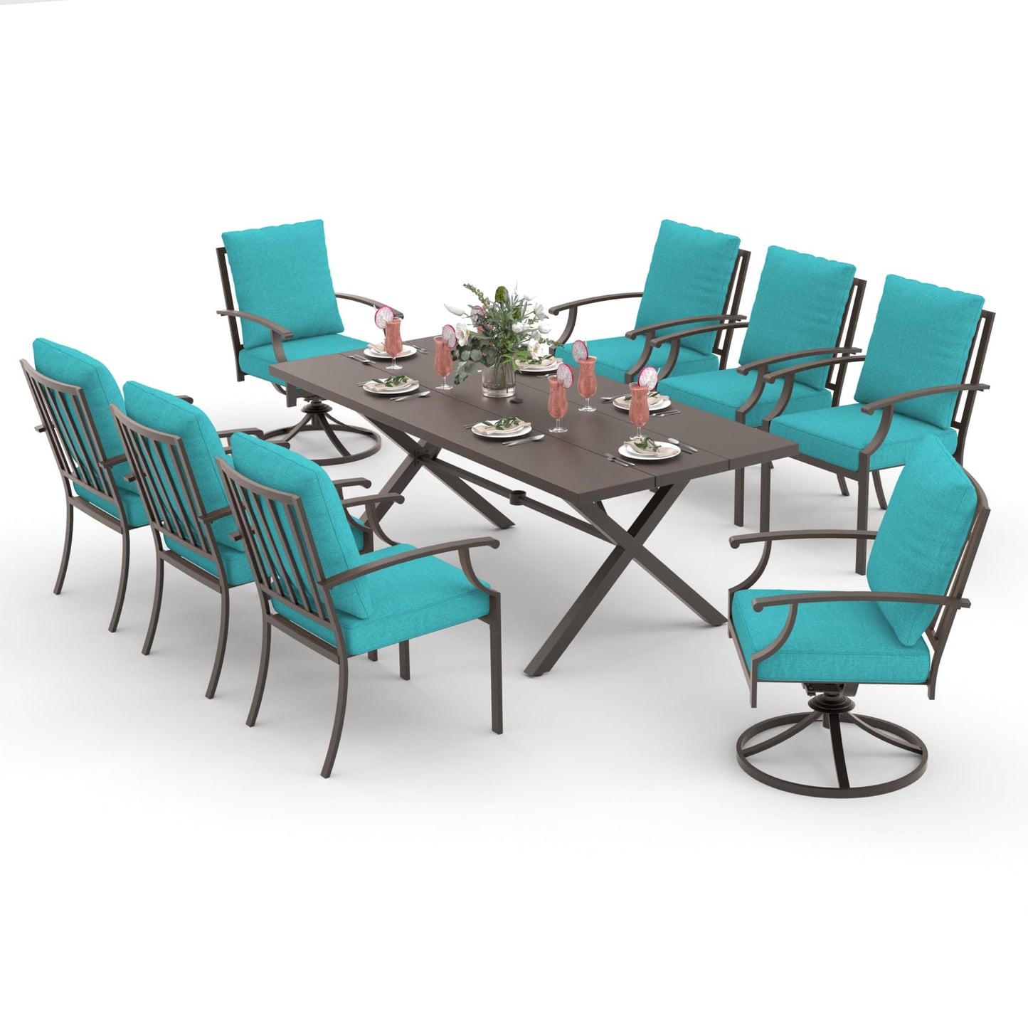 9-Piece Patio Dining Set | Swivel Chairs & Metal Table with Umbrella Hole
