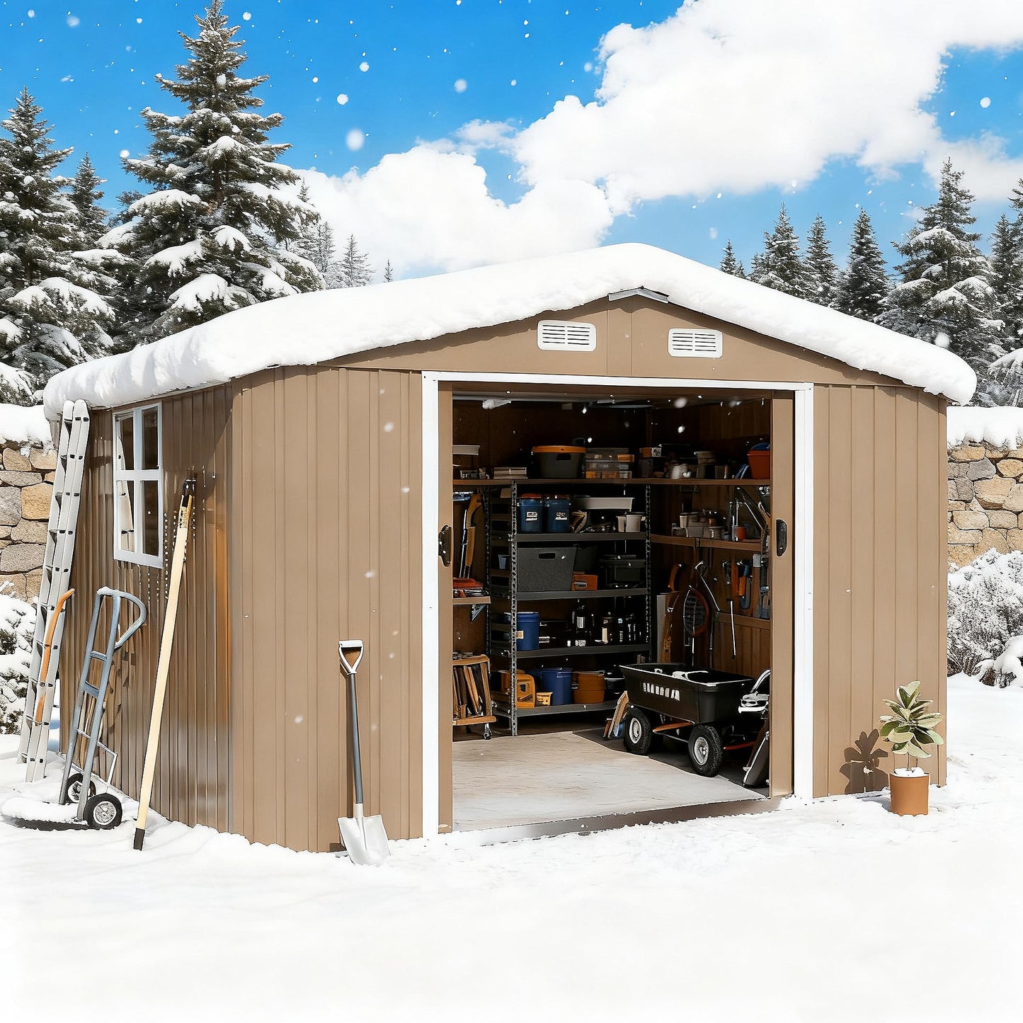 Gotland 10 x 8 FT Metal Tool Storage Shed - Waterproof Outdoor Shed with Lockable Sliding Door & Air Vents for Garden/Backyard