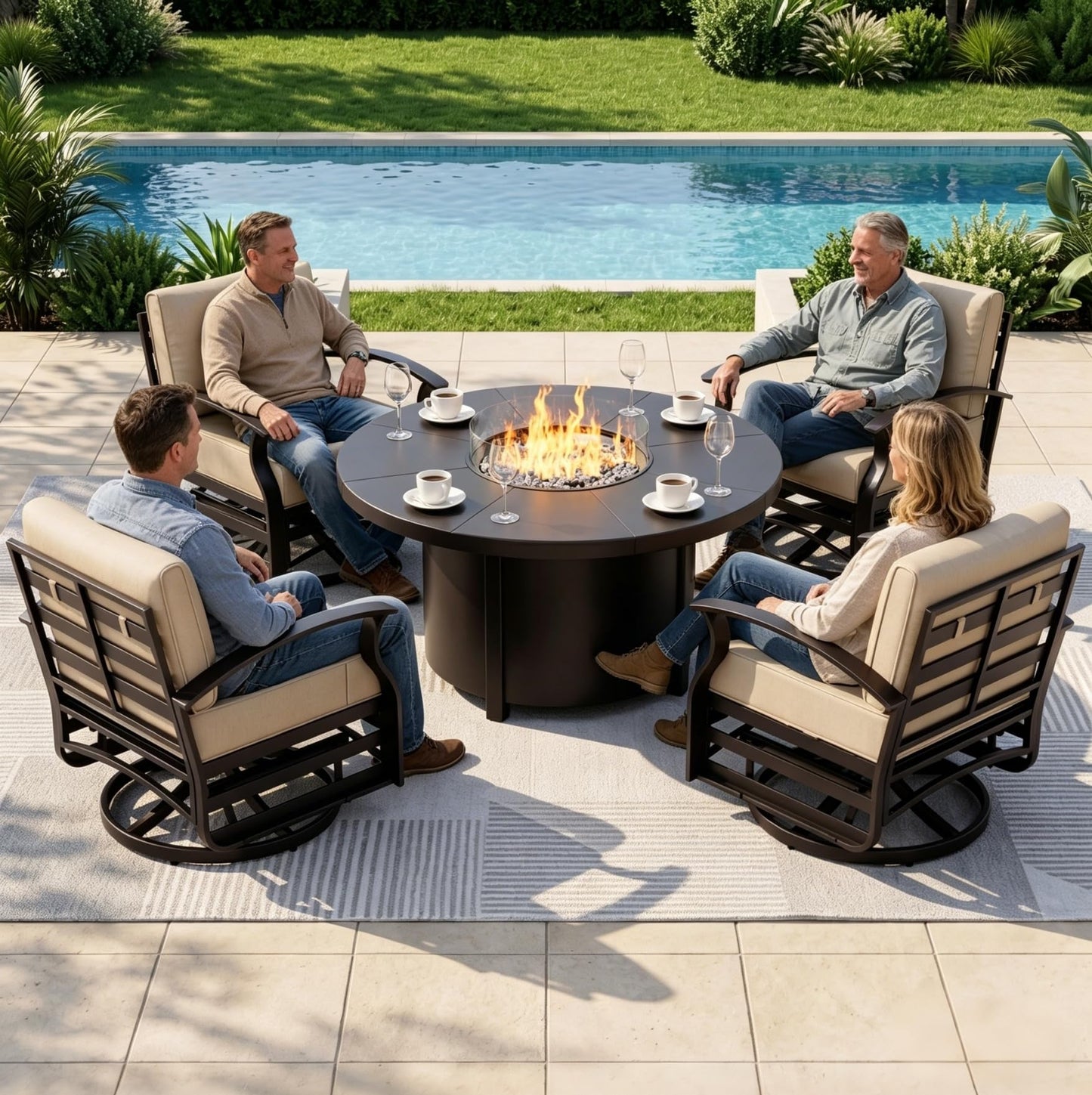 ALAULM 5 Pieces Aluminum Outdoor Patio Furniture Set, 4 Seats Patio Conversation Sets with 48" Round Propane Fire Pit Table,Metal Furniture Set with Thick Cushion