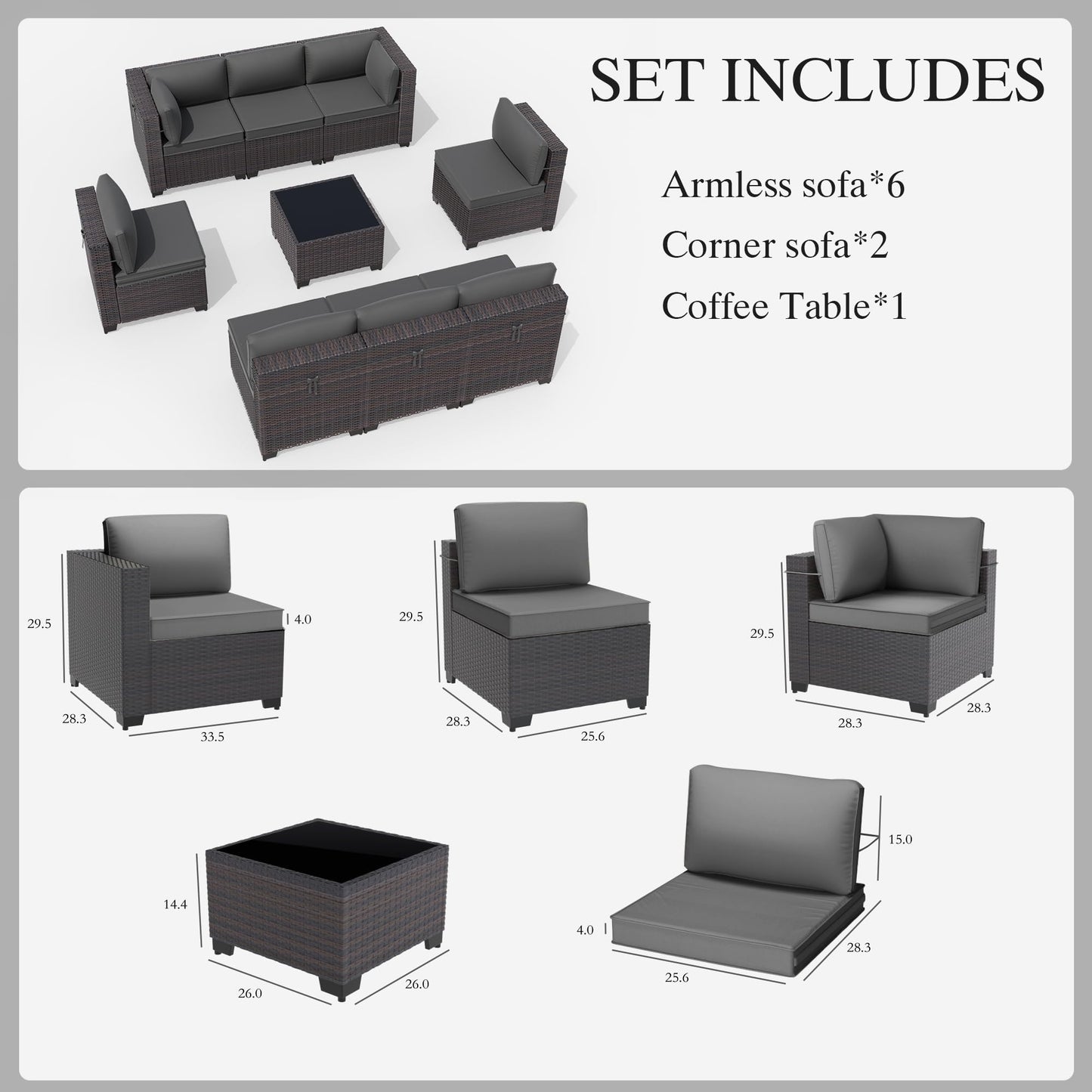 Gotland Outdoor Patio Furniture Set 9 Piece Sectional Rattan Sofa Set Rattan Wicker Patio Conversation Set with 8 Seat Cushions and 1 Tempered Glass Table
