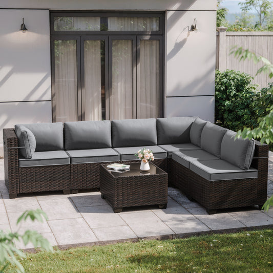 Kullavik 6 Pieces Patio Furniture Sets All Weather Outdoor Sectional Sofa Manual Weaving Wicker Rattan Patio Conversation Set with Cushion and Glass Table