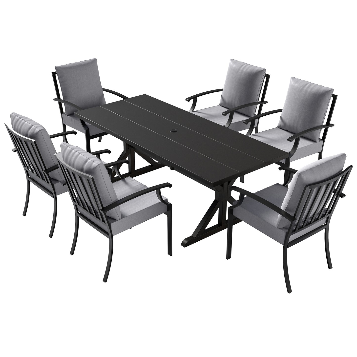 ALAULM 7PCS Patio Dining Set,Outdoor Metal Patio Furniture Set w/6 Fixed Chairs & Large Metal Table w/Umbrella Cutout for Garden,Backyard