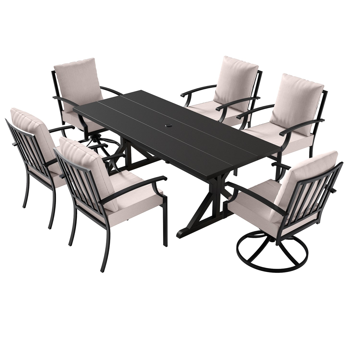 ALAULM 7 Pieces Patio Dining Set Outdoor Furniture with 2 Swivel Chairs and 4 Fixed Chairs, Large Table with Umbrella Cutout for Backyard