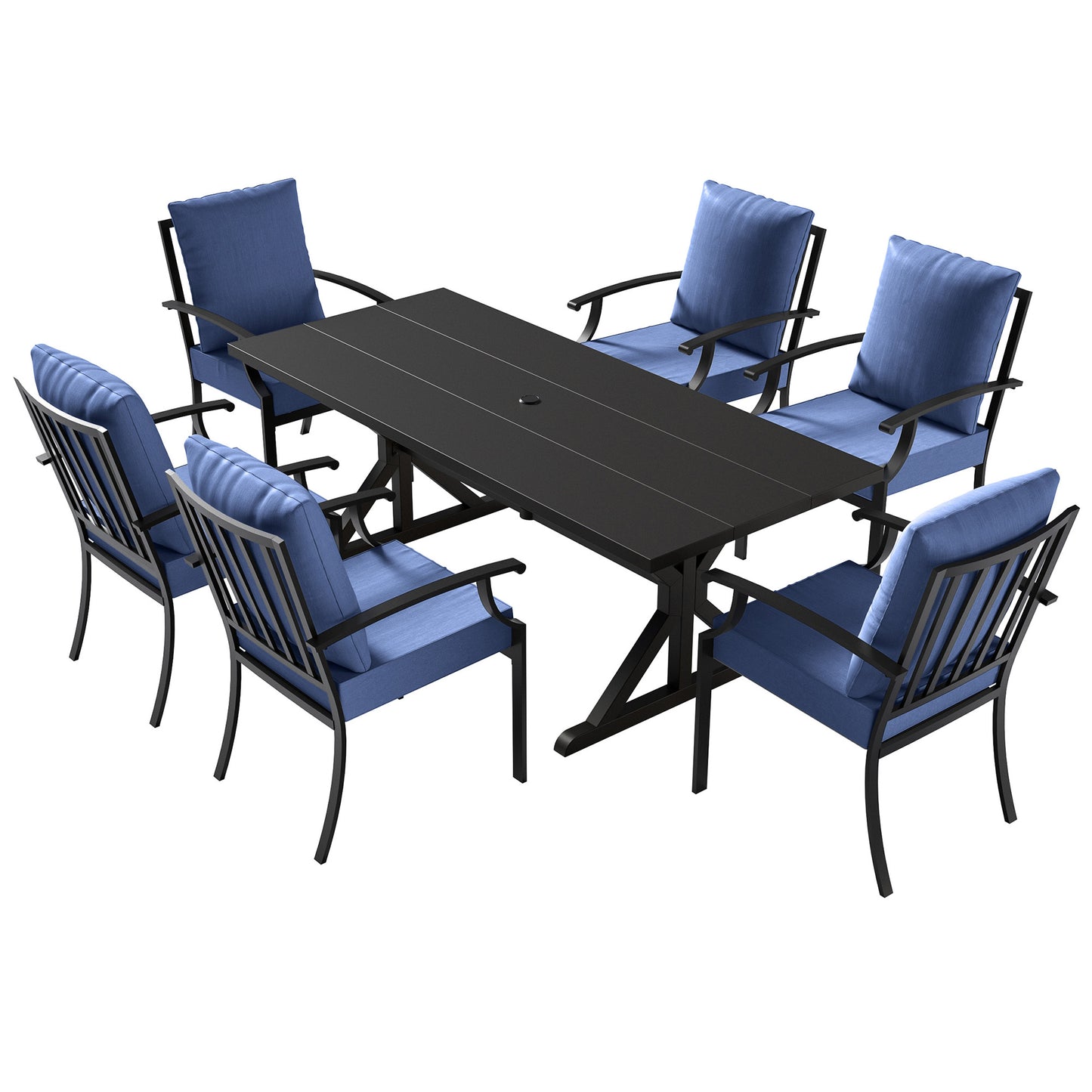 ALAULM 7PCS Patio Dining Set,Outdoor Metal Patio Furniture Set w/6 Fixed Chairs & Large Metal Table w/Umbrella Cutout for Garden,Backyard