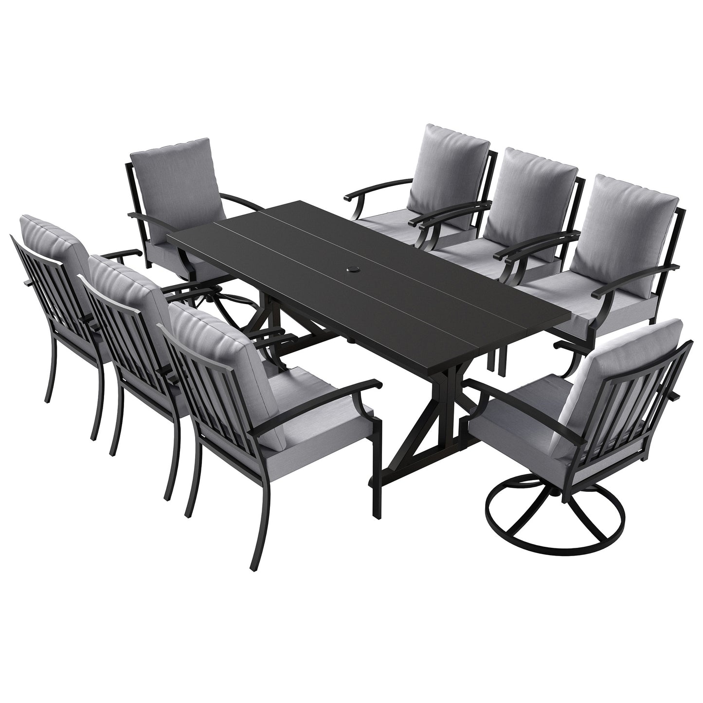 ALAULM 9 Pieces Patio Dining Set Outdoor Furniture with 2 Swivel Chairs and 6 Fixed Chairs, Large Table with Umbrella Cutout for Backyard