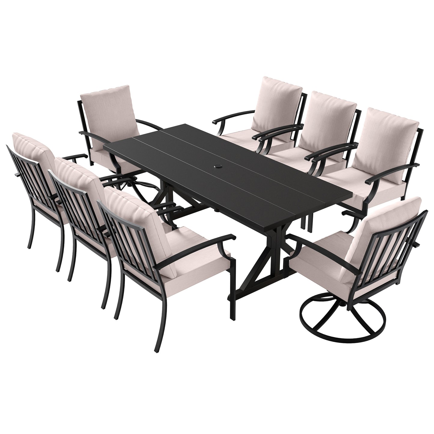 ALAULM 9 Pieces Patio Dining Set Outdoor Furniture with 2 Swivel Chairs and 6 Fixed Chairs, Large Table with Umbrella Cutout for Backyard