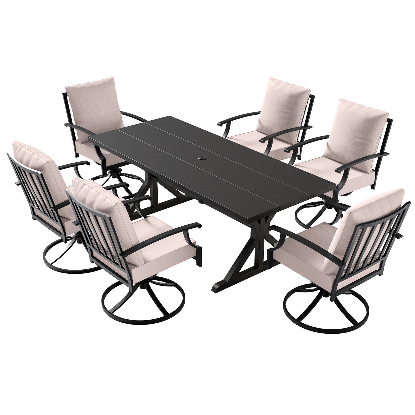 ALAULM 7PCS Patio Dining Set,Outdoor Metal Patio Furniture Set w/6 Swivel Rocking Chairs & Large Metal Table w/Umbrella Cutout for Garden,Backyard