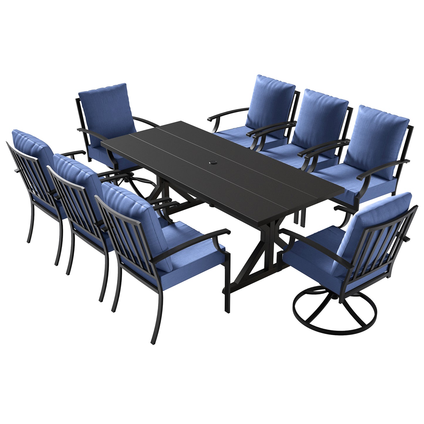 ALAULM 9 Pieces Patio Dining Set Outdoor Furniture with 2 Swivel Chairs and 6 Fixed Chairs, Large Table with Umbrella Cutout for Backyard