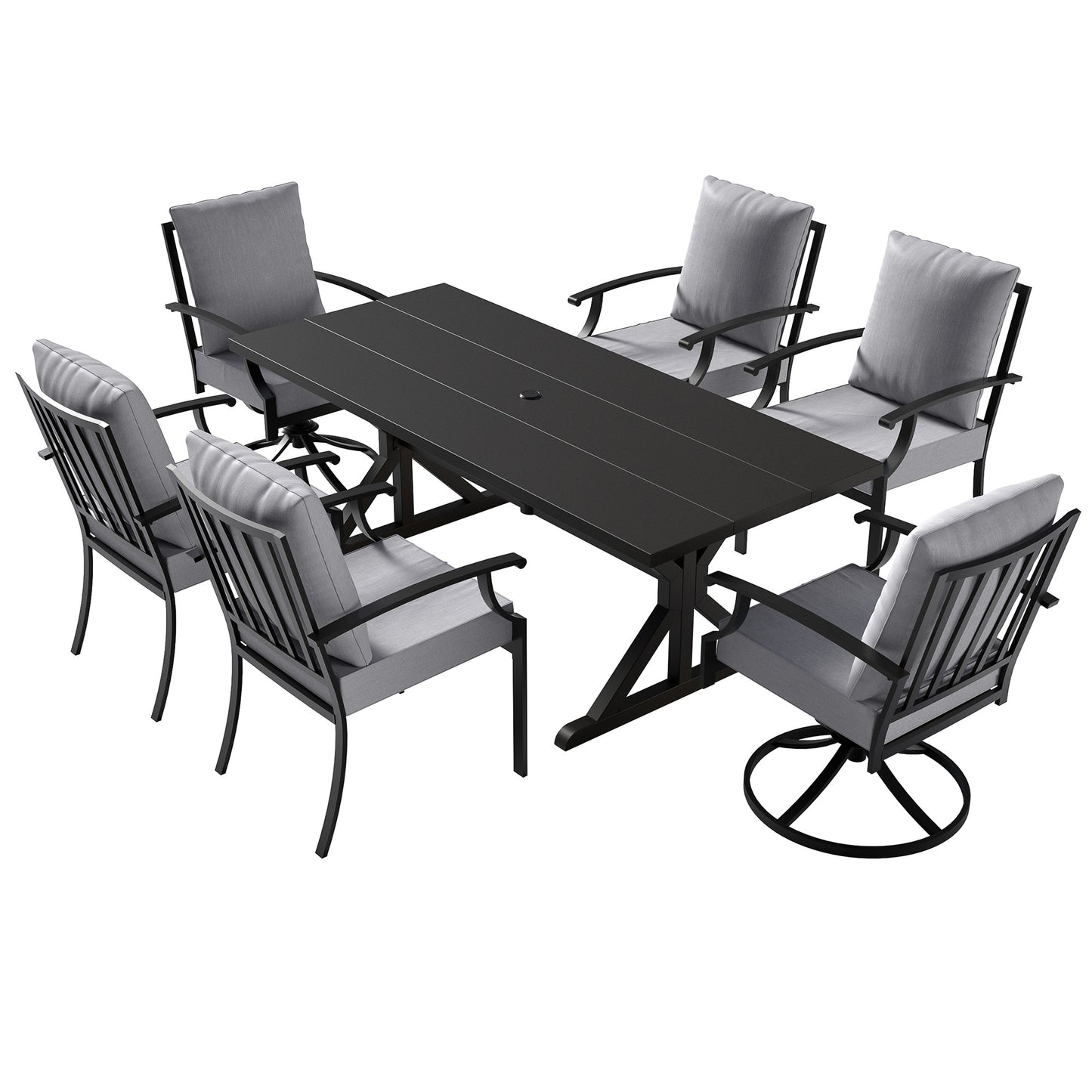 ALAULM 7 Pieces Patio Dining Set Outdoor Furniture with 2 Swivel Chairs and 4 Fixed Chairs, Large Table with Umbrella Cutout for Backyard