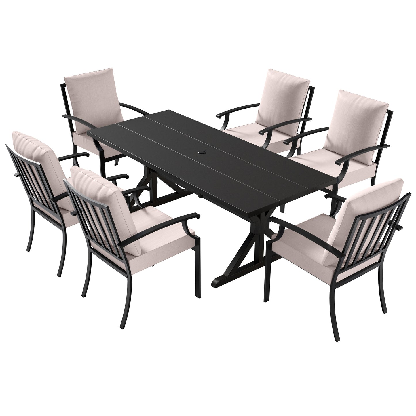 ALAULM 7PCS Patio Dining Set,Outdoor Metal Patio Furniture Set w/6 Fixed Chairs & Large Metal Table w/Umbrella Cutout for Garden,Backyard