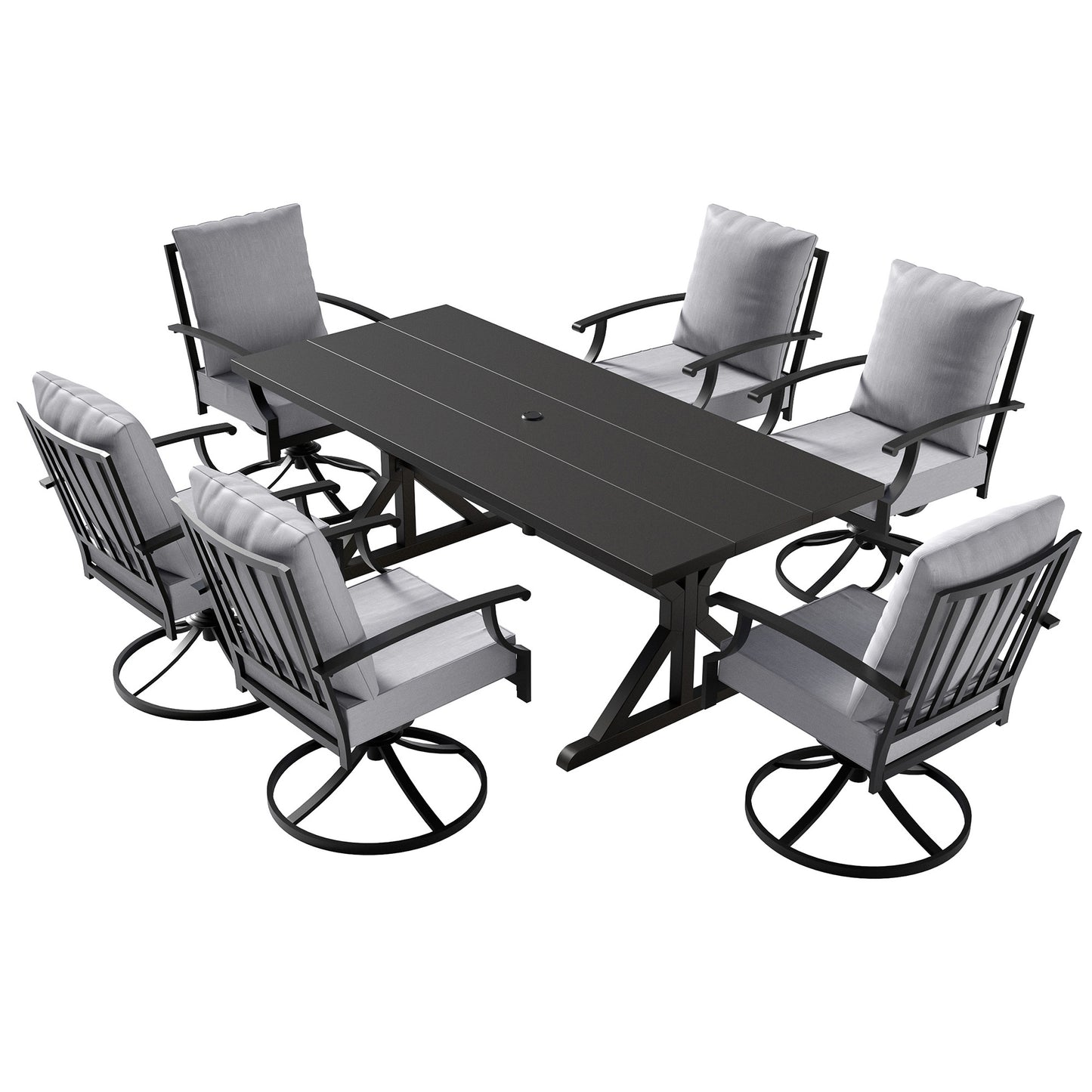 ALAULM 7PCS Patio Dining Set,Outdoor Metal Patio Furniture Set w/6 Swivel Rocking Chairs & Large Metal Table w/Umbrella Cutout for Garden,Backyard