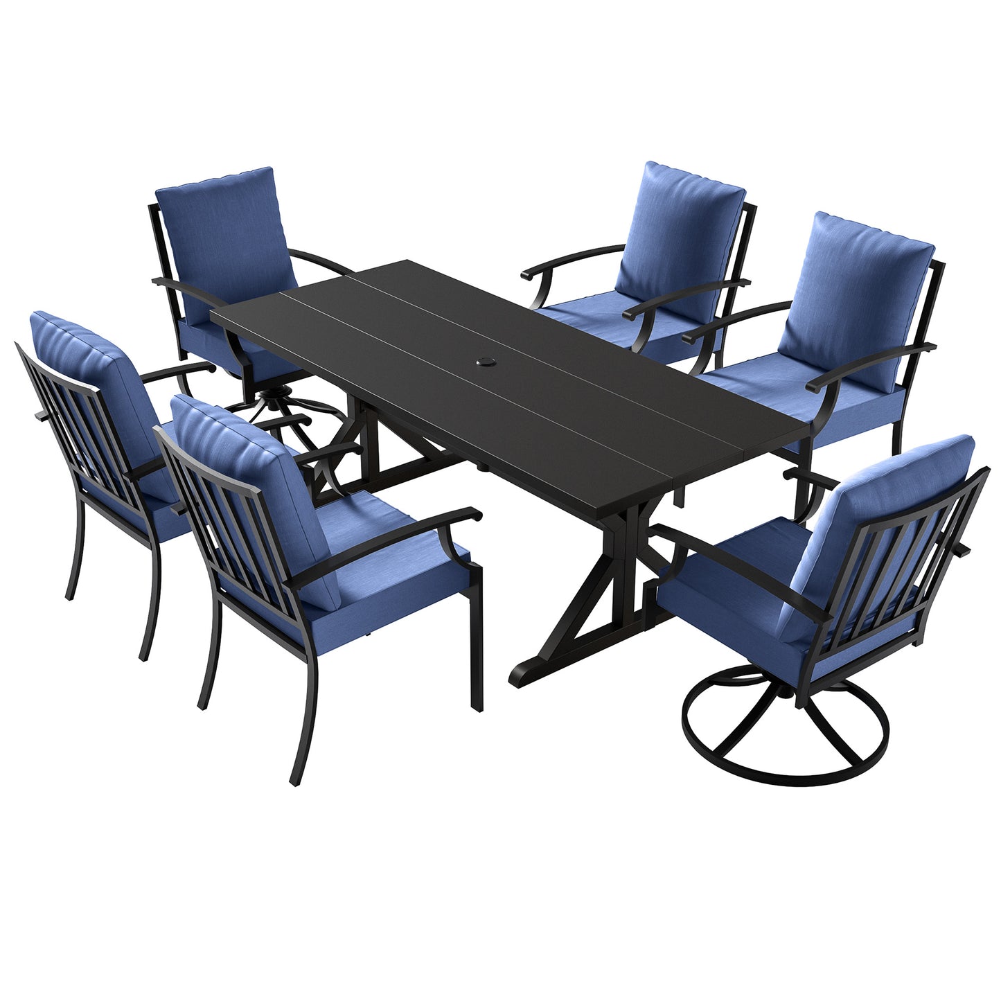ALAULM 7 Pieces Patio Dining Set Outdoor Furniture with 2 Swivel Chairs and 4 Fixed Chairs, Large Table with Umbrella Cutout for Backyard