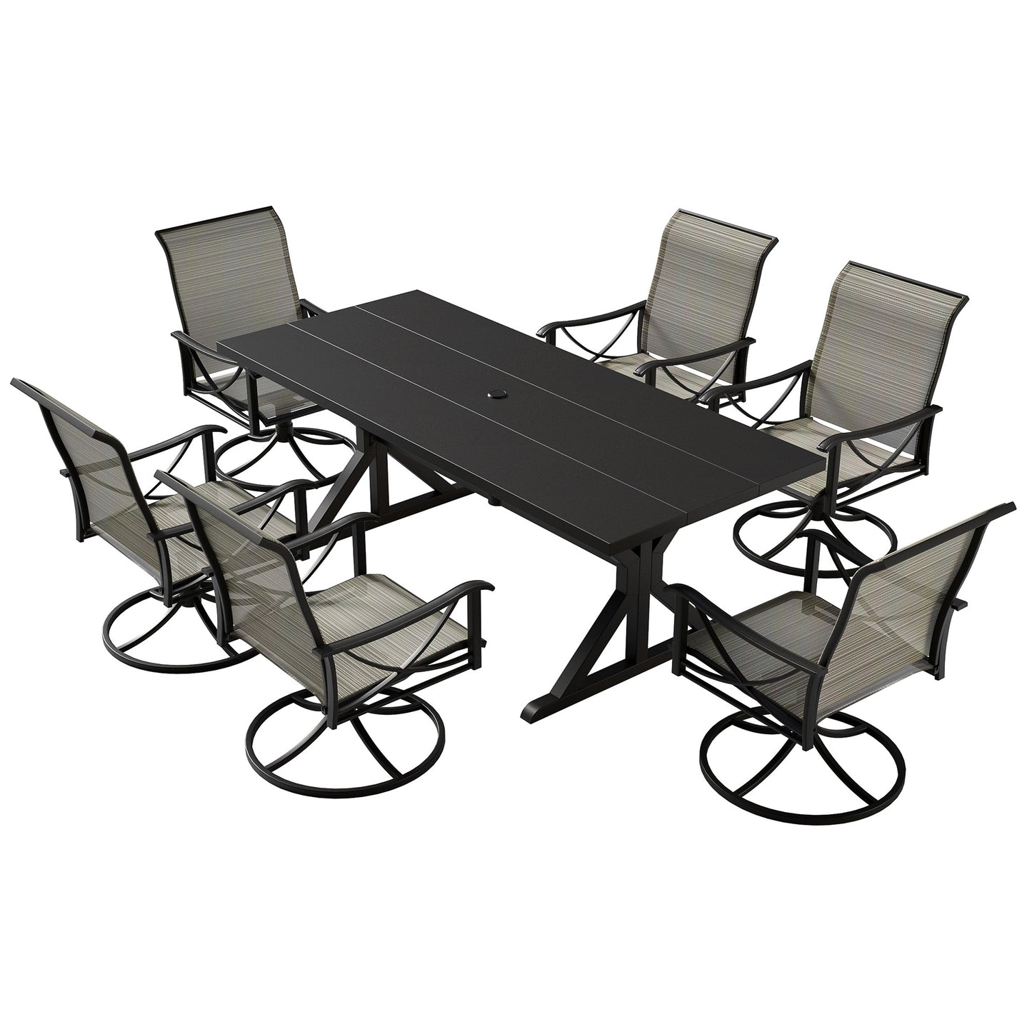 Gotland 7 Piece Outdoor Dining Set, Metal Outdoor table with Spider Legs, Patio Furniture Set with 4 Single Chair and 2 Teslin Swivel Chairs, Patio Dining Sets for Backyard Deck Brown