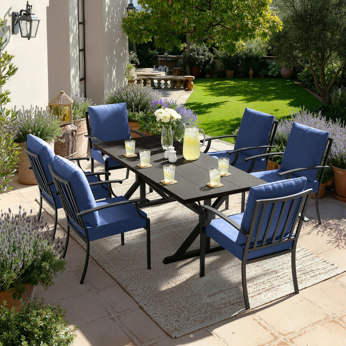ALAULM 7PCS Patio Dining Set,Outdoor Metal Patio Furniture Set w/6 Fixed Chairs & Large Metal Table w/Umbrella Cutout for Garden,Backyard