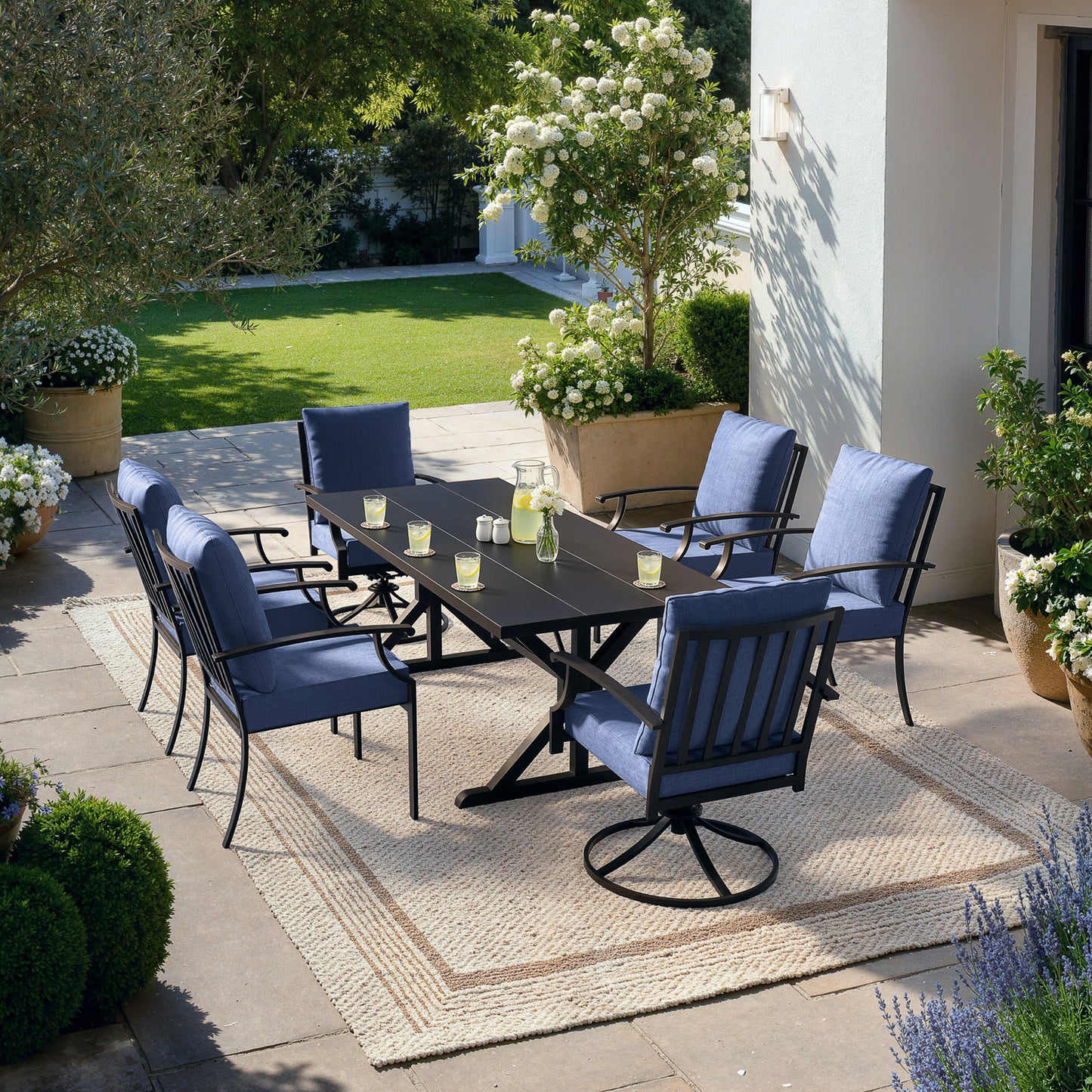 ALAULM 7 Pieces Patio Dining Set Outdoor Furniture with 2 Swivel Chairs and 4 Fixed Chairs, Large Table with Umbrella Cutout for Backyard