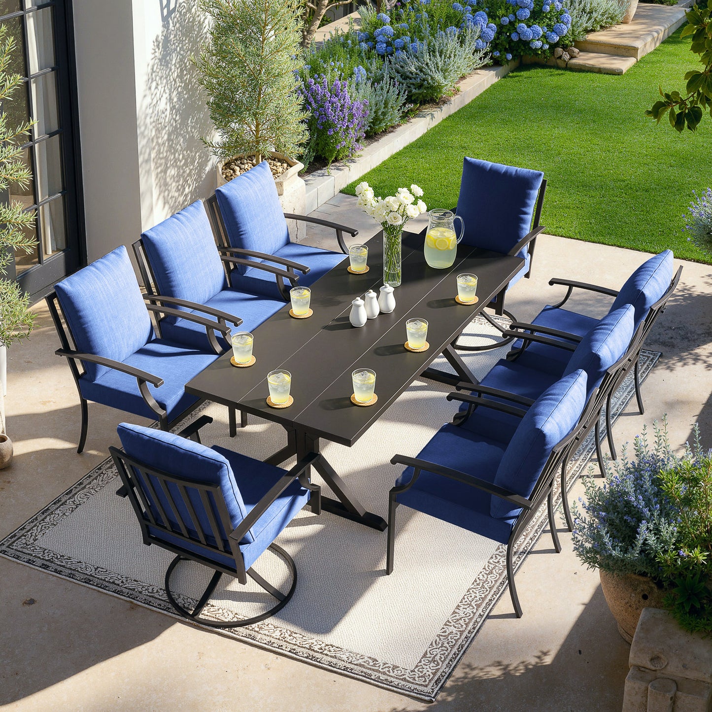 ALAULM 9 Pieces Patio Dining Set Outdoor Furniture with 2 Swivel Chairs and 6 Fixed Chairs, Large Table with Umbrella Cutout for Backyard