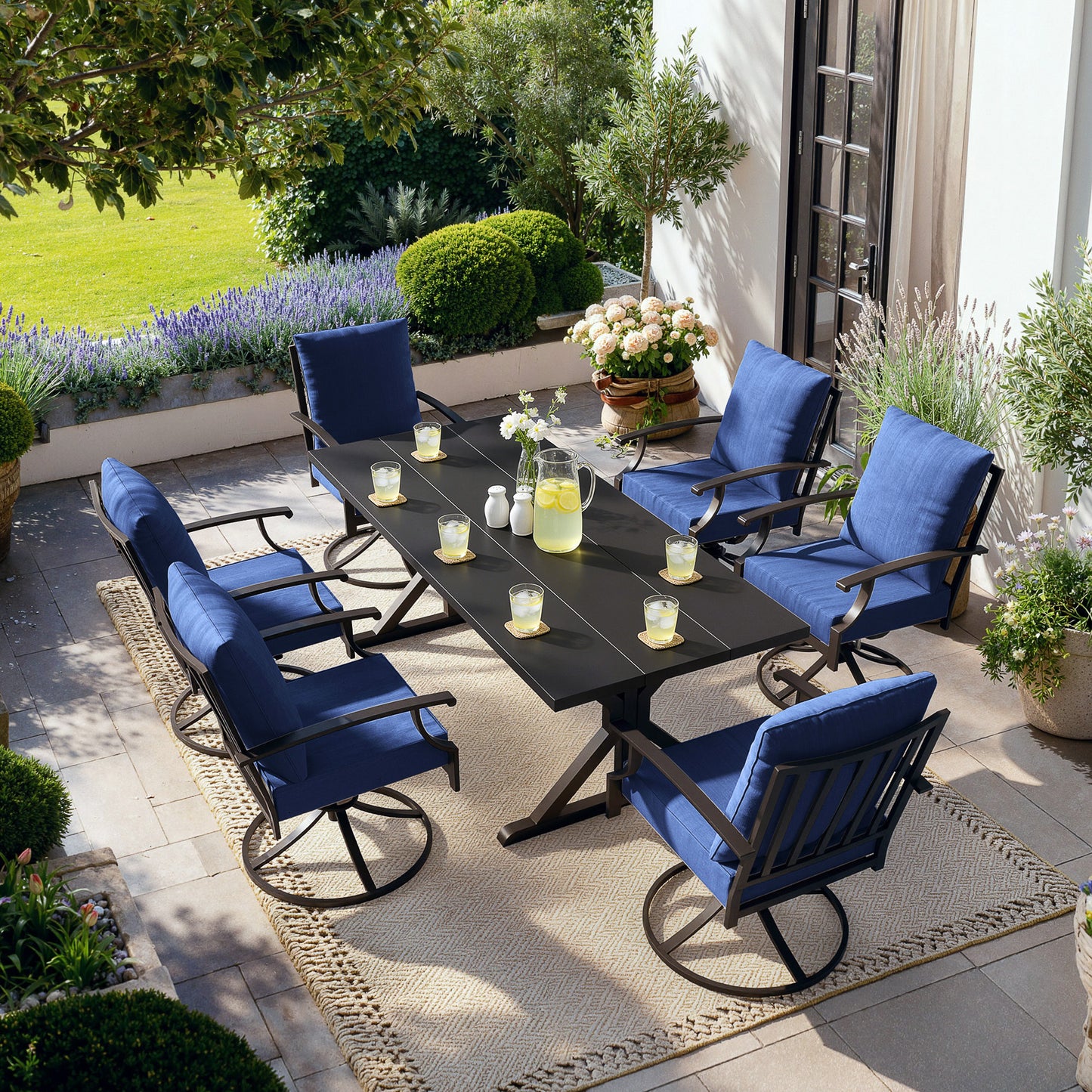 ALAULM 7PCS Patio Dining Set,Outdoor Metal Patio Furniture Set w/6 Swivel Rocking Chairs & Large Metal Table w/Umbrella Cutout for Garden,Backyard