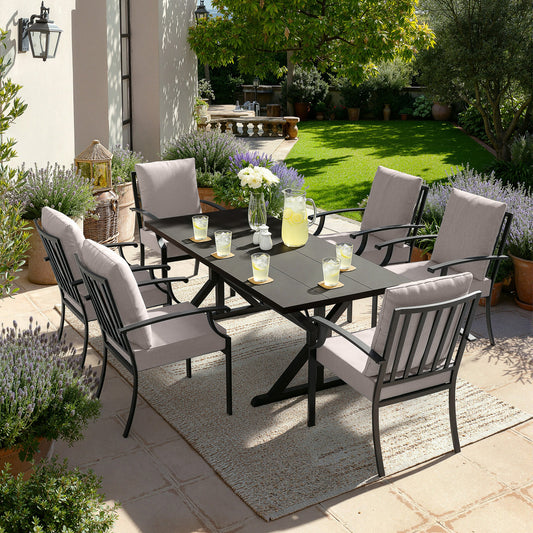 ALAULM 7PCS Patio Dining Set,Outdoor Metal Patio Furniture Set w/6 Fixed Chairs & Large Metal Table w/Umbrella Cutout for Garden,Backyard