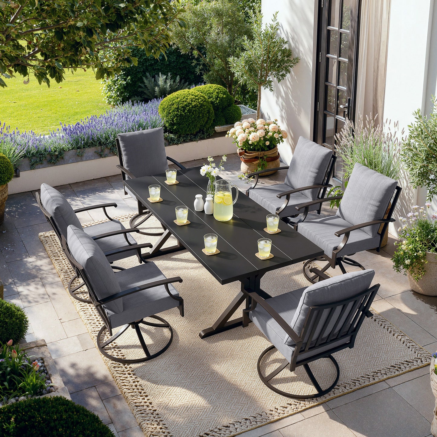 ALAULM 7PCS Patio Dining Set,Outdoor Metal Patio Furniture Set w/6 Swivel Rocking Chairs & Large Metal Table w/Umbrella Cutout for Garden,Backyard